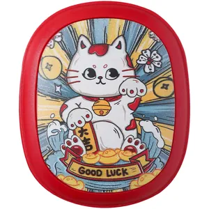 Portable rechargeable electric hand warmer with lucky cat cartoon design in vibrant red