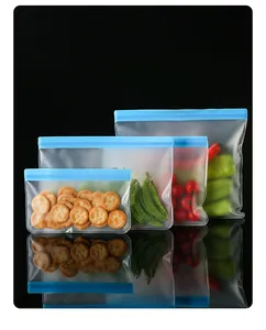 Reusable frosted EVA food storage bags with blue ziplock seal for snacks and vegetables