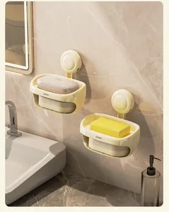 Wall-mounted double-layer suction cup soap holder with draining sponges in bathroom