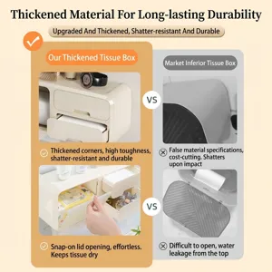 Wall-mounted waterproof tissue box comparison showing durable material and buckle lid.