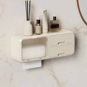 Punch-Free Wall Mounted Bathroom Tissue Box Waterproof Toilet Paper Holder Facial Towel Storage Box Shelf With Drawers Organizer