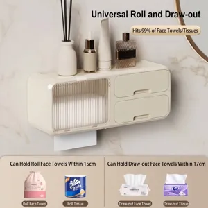 Minimalist wall-mounted waterproof tissue box and bathroom organizer for rolls and packs