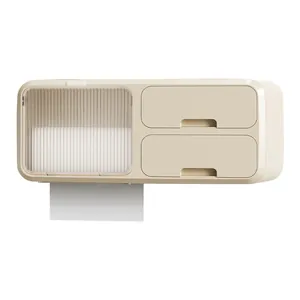 Cream wall-mounted waterproof bathroom tissue box storage organizer with dual drawers