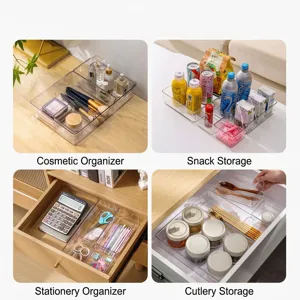 Transparent plastic drawer organizer bins for cosmetics, stationery, and kitchen tools