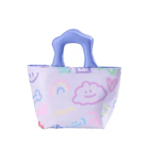 Insulated lavender lunch bag with colorful doodle cloud and rainbow patterns and blue handle