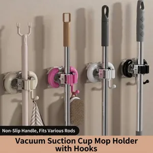 Luxury Suction Cup Mop Holder Wall Mounted No Drilling Broom Organizer Hook Bathroom Kitchen Heavy Duty Storage Rack