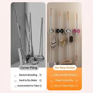Wall-mounted mop and broom holder for organized and quick-drying bathroom storage