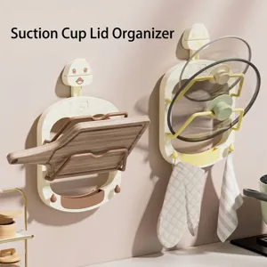 Cartoon Duck Wall Mounted Pot Lid Rack Punch Free Suction Cup Cutting Board Stand Kitchen Storage Rack With Hooks Drainage Tray