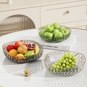 Luxury Transparent PET Fruit Plate With Gold Rim Diamond Texture Geometric Square Snack Tray For Living Room Coffee Table Decor