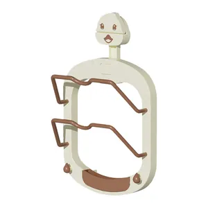 Cartoon duck wall-mounted pot lid rack with dual tiers in cream and brown finish