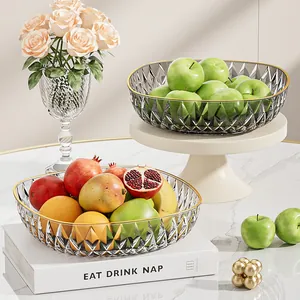 Modern luxury crystal-style plastic fruit bowl with gold rim for home living room decor