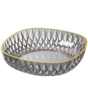 Luxury transparent fruit bowl with diamond-textured surface and golden rim decoration