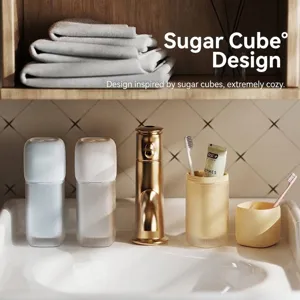 Portable travel toothbrush case and mouthwash cup set with minimalist sugar cube design