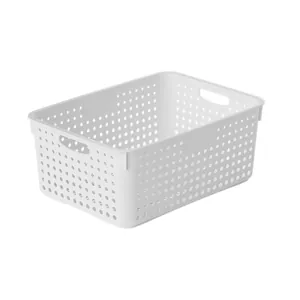 White perforated plastic storage basket with built-in handles for home organization