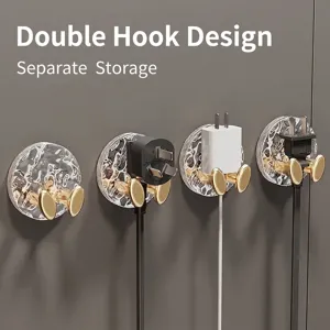 Luxury adhesive power plug hook with gold double hooks and clear water ripple base design