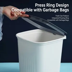 Modern striped square trash can with integrated press ring for easy bag placement