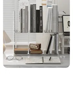 Clear acrylic 2-tier desktop organizer holding books on a modern minimalist workspace.
