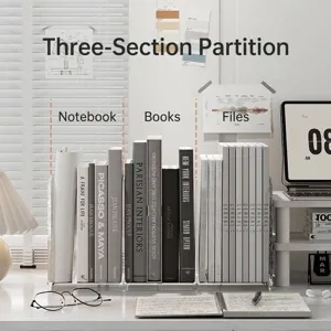 Clear acrylic three-slot desktop bookend organizer for files and books on a desk.