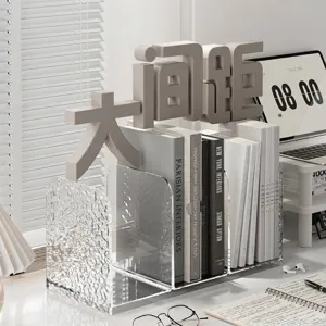 Modern clear acrylic bookends with water ripple texture for desktop storage and organization.