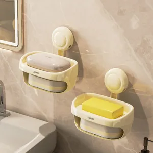 Double Layer Suction Cup Soap Dish Wall Mounted ABS Plastic Soap Holder With Drainage For Bathroom Toilet Shower Storage Organizer