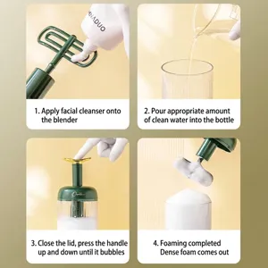 Instructional four-step guide for using a manual foaming bottle for facial cleanser and shampoo