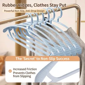 Blue non-slip wide shoulder clothes hangers set for dry and wet use with rubber stripes