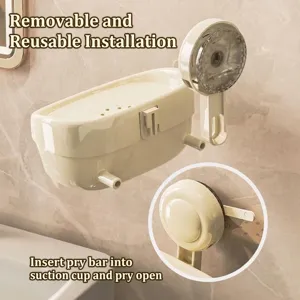 Cream wall-mounted suction cup soap dish with drainage and easy installation