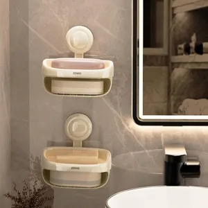 Modern wall-mounted double layer suction cup soap dish with drainage for bathroom decor