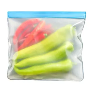 Reusable thickened EVA food storage bag with blue zipper seal containing fresh peppers