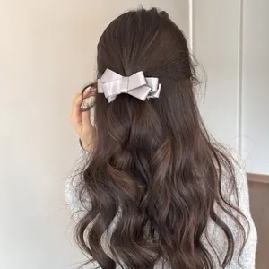 Elegant silver grey satin bow banana clip for wavy hair ponytail accessory, Korean style