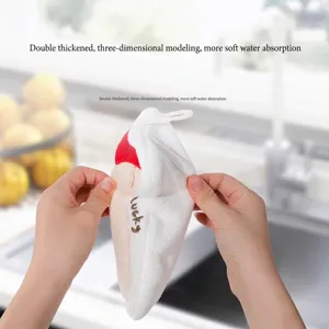 Cute white plush hanging hand towel with lucky embroidery for bathroom and kitchen