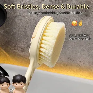 Creamy white long-handled bath brush with soft dense bristles for back scrubbing