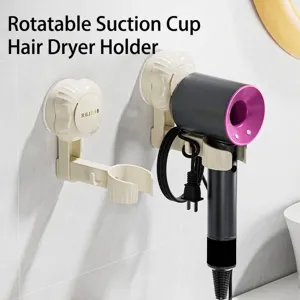 Rotatable Suction Cup Hair Dryer Holder No-Drill Wall Mounted Bathroom Storage Rack With Cord Hooks Washable ABS Organizer