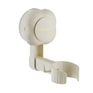 Cream white suction cup hair dryer holder with hooks for bathroom wall organization