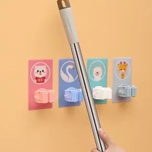Cartoon Mop Holder Punch-Free Adhesive Wall Mounted Mop Clip Bathroom Kitchen Organizer Hook ABS Storage Clip
