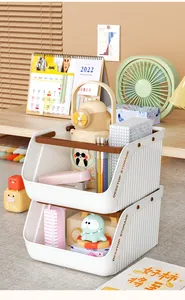 Detail showing stackable desktop storage baskets with brown handles and white ribbed finish