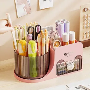 Rotating pink multi-compartment desktop organizer for stationery and cosmetics storage