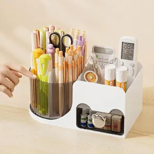 Multifunctional 360-degree rotating desk organizer with drawer for stationery and cosmetics