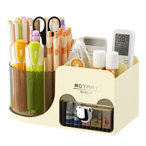 Cream rotary desk organizer with drawer for stationery and cosmetics storage solution