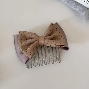 Elegant Korean polka dot bow hair comb with mauve satin layer and silver metal insert
