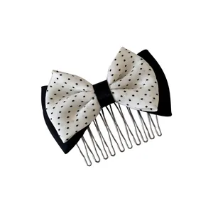 Elegant black and white polka dot bow hair insert comb for sweet princess hairstyles