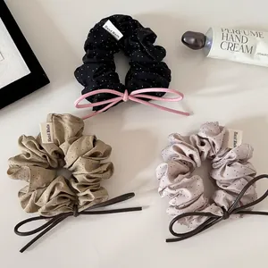 Korean Style Polka Dot Scrunchie With Bow Hair Tie Sweet Ruffle Hair Band Elastic Ponytail Holder For Women Girls Daily Accessory