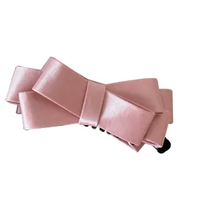 Elegant pink satin bow banana clip for ponytail styling, Korean style hair accessory.