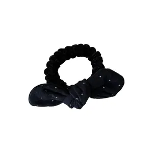 Zwarte scrunchie met stippen en konijnenoren-strik voor dames, zacht haarelastiekje