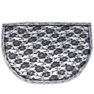 Detailed view of an elegant black semi-circular lace veil featuring rose floral patterns.