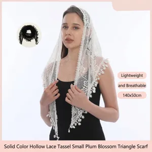 Women Lace Tassel Triangle Scarf Hollow Out Floral Mantilla Breathable Polyester Head Scarf Elegant Shawl Wrap For Everyday