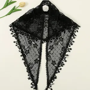 Elegant black lace fringed triangular scarf featuring intricate floral embroidery patterns