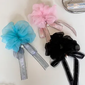 Elegant Bowknot Mesh Scrunchie With Artificial Pearl Pendant Mesh Large Hair Tie For Women Pony Tail Holder Hair Accessories