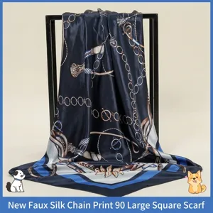 Carré de Soie Synthétique Élégant pour Femme Imprimé Vintage Chaîne et Mors de Cheval Foulard Bandana de Cou Satiné
