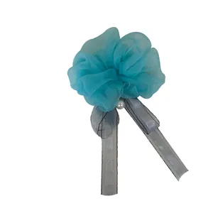 Elegant blue organza flower hair scrunchie with decorative pearl and ribbon bow tie